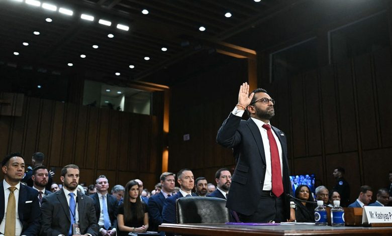 wide shot, Patel swearing in to testify at confirmation hearing