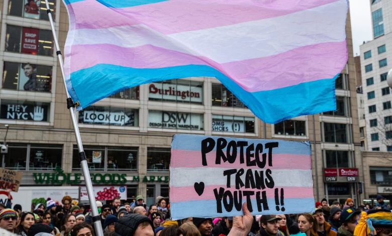 Demonstrator waves a trans pride flag during the Rise Up for Trans Youth rally