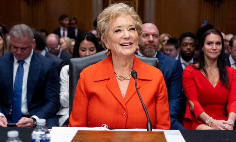 Linda McMahon, President Donald Trump's nominee for secretary of Education, arrives for a hearing of the Health, Education, and Labor Committee on her nomination on Thursday, Feb. 13, 2025 in Washington, D.C.