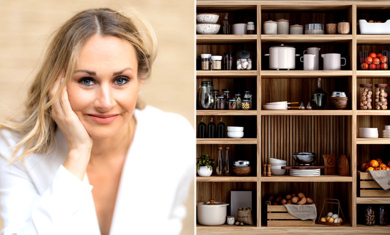 Michelle Patidar next to stocked pantry