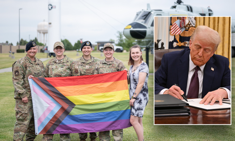 Trump signing executive order, inset; main photo: troops with trans pride flag