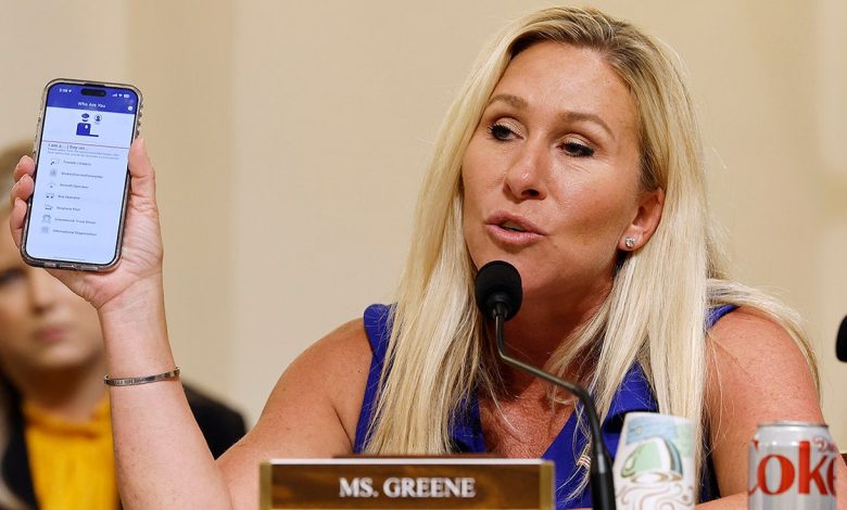 Rep. Marjorie Taylor Greene (R-GA) questions witnesses during a hearing of the House Homeland Security Subcommittee on Border Security and Enforcement in the Cannon House Office Building on Capitol Hill on June 6, 2023 in Washington, D.C.