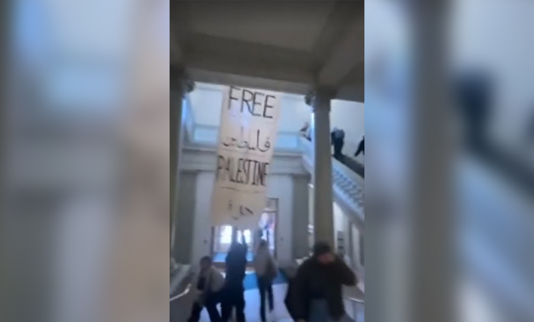 free palestine flag hangs inside Barnard College