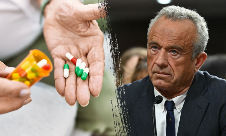 An image of HHS Secretary nominee RFK Jr. juxtaposed next to a bottle of pills made by drug manufacturers.