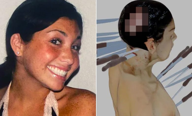 Split image showing Ellen Greenberg smiling and a computer-generated photo based on an autopsy report showing knives where she had been stabbed 20 times