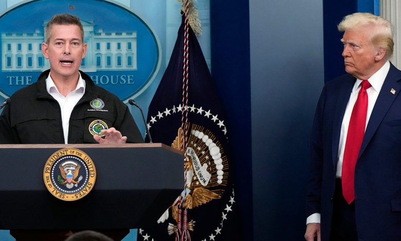 President Donald Trump listens as Transportation Secretary Sean Duffy speaks in the James Brady Press Briefing Room