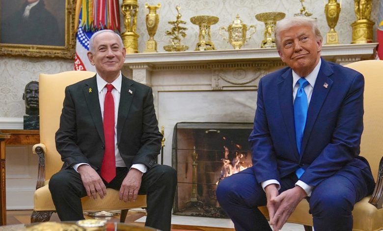 Israeli Prime Minister Benjamin Netanyahu and President Donald Trump sit in the Oval Office