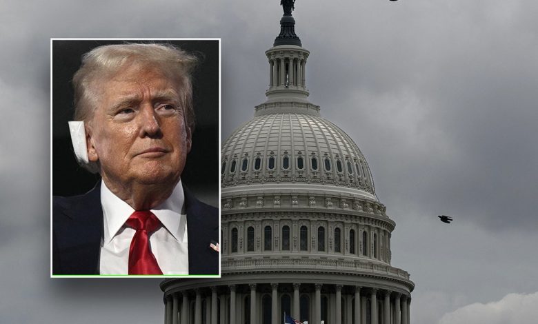 Trump with bandaged ear, inset; US Capitol with gloomy sky backdrop main image