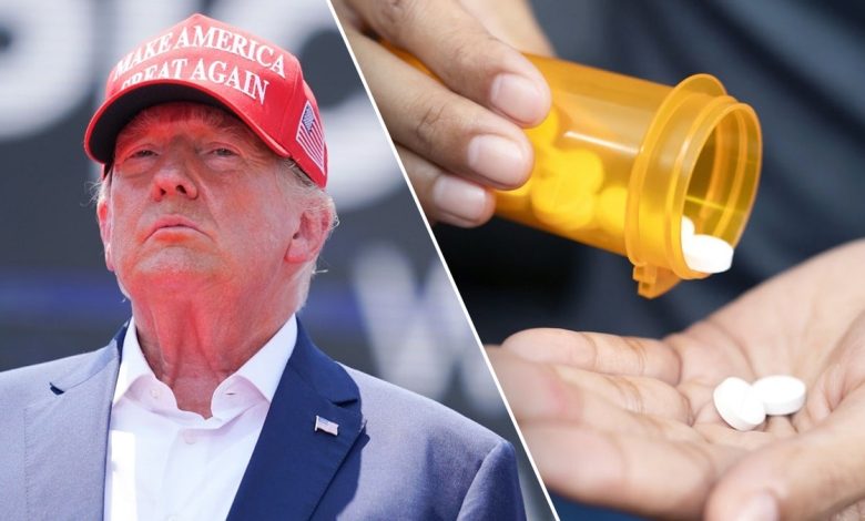 Picture of President Donald Trump alongside an image of someone dispensing pills from a pill bottle. Experts say Trump's tariffs could have a broad impact on the industry, and it is hard to predict, but added that it is likely they will not have the devastating impacts that some may think.