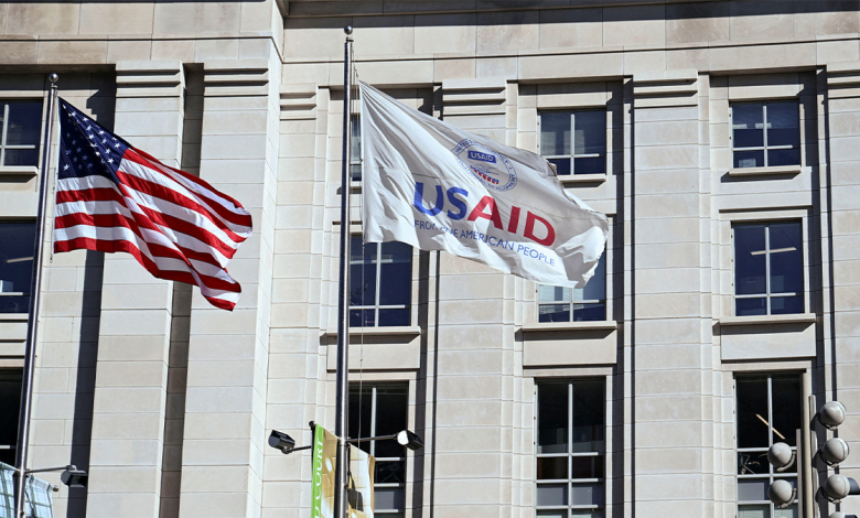 A USAID flag flies outside headquarters in Washington, D.C.