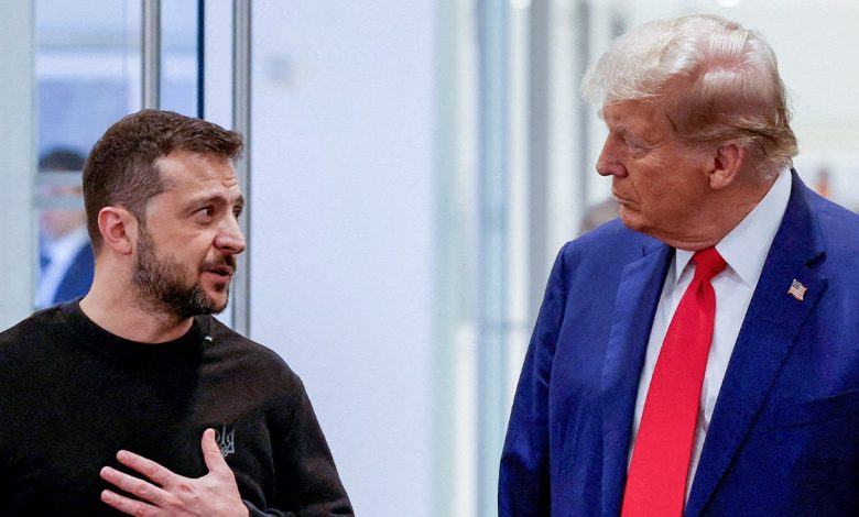 Ukrainian President Volodymyr Zelenskyy talks to President Donald Trump