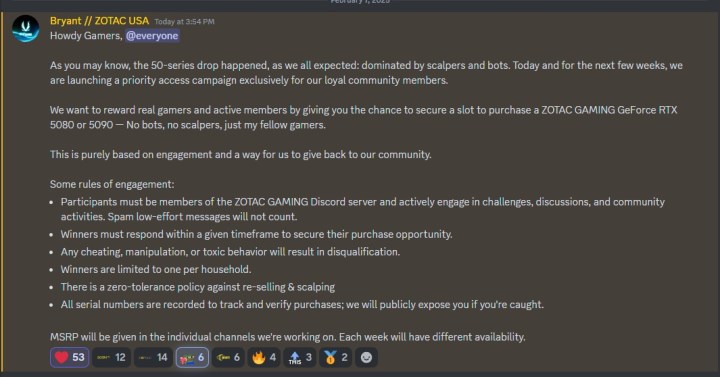 A screenshot of Zotac's official Discord server where it announced it will be offering new RTX 50-series GPUs directly to gamers