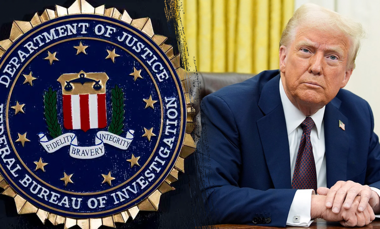 Trump and the DOJ logo. Getty Images.