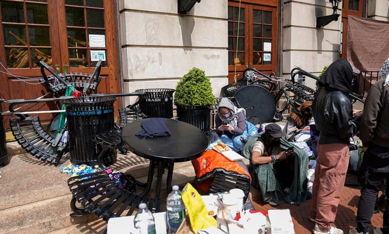 Student protesters camp near the entrance to Hamilton Hall on the campus of Columbia University