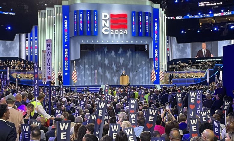 The United Center is packed on the first night of the Democratic National Convention, as President Biden addresses the crowd, on August 19, 2024 in Chicago, Illinois