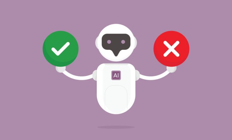 Robot holds a green check mark and red x on a purple background.