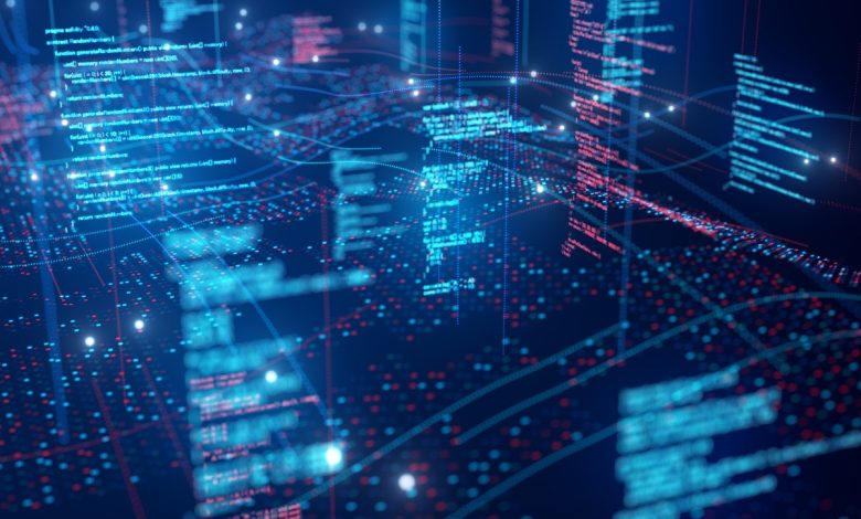 Abstract technology image of running program code on digital data wave.