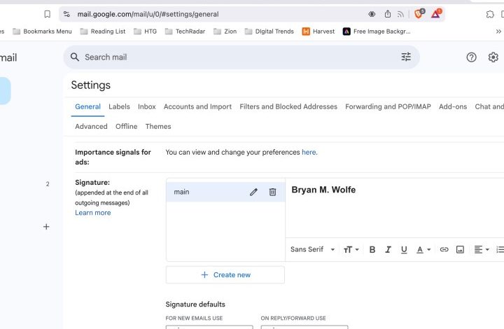 Gmail signature setting on web.