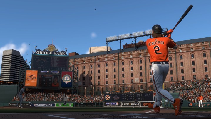 A batter hitting a home run in MLB The Show 25.