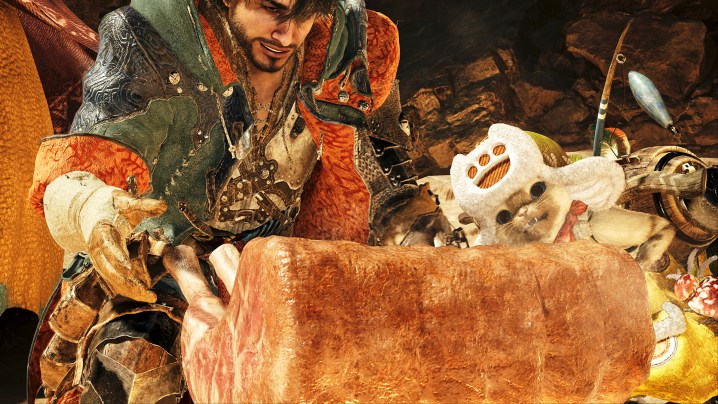 A hunter about to eat meat in Monster Hunter Wilds.