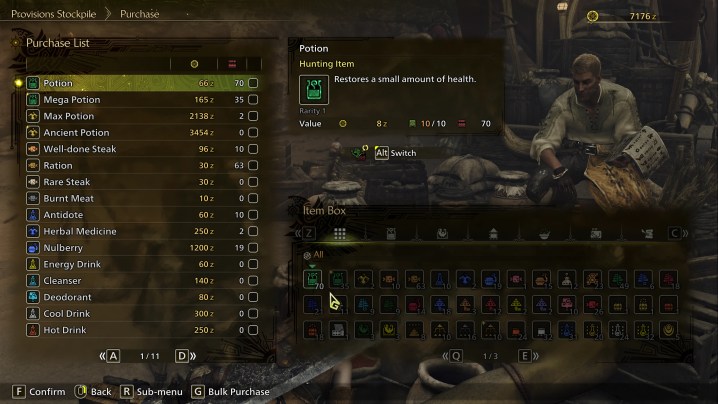 An expanded item shop in Monster Hunter Wilds.