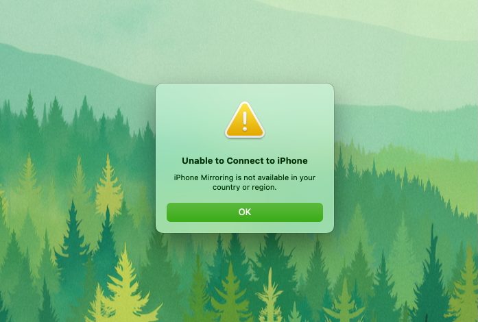 iPhone Mirroring not available screenshot.