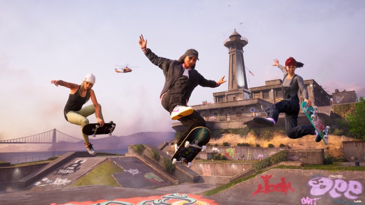 Three skaters doing tricks in Tony Hawk's Pro Skater 3 + 4.