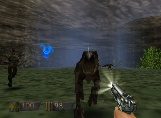 Turok faces down a dinosaur.