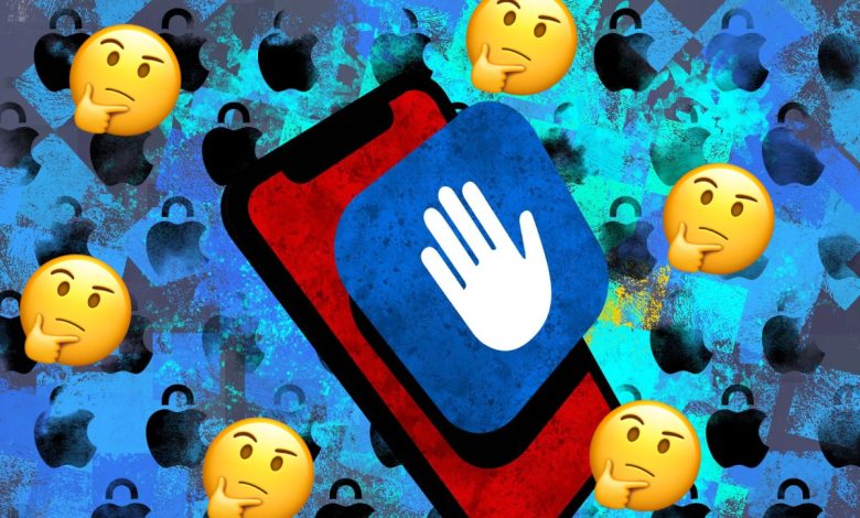 An illustration of a blue Lockdown Mode icon on a red phone on a blue background featuring Apple logos with padlocks, and thinking emojis.