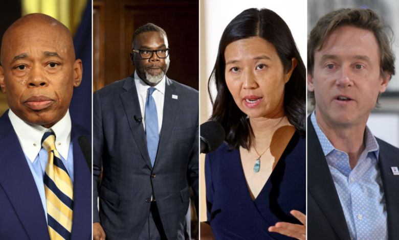 New York City Mayor Eric Adams, Chicago Mayor Brandon Johnson, Boston Mayor Michelle Wu, and Denver Mayor Mike Johnston. (Getty Images)