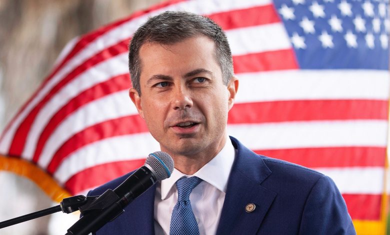 Then-Secretary of Transportation Pete Buttigieg speaks during a news conference in Long Beach, California, on Thursday, July 18, 2024. 