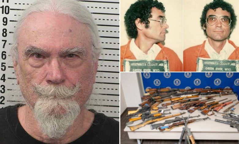 Campbell mugshot 2025, left, mugshot from 1982, and arms.