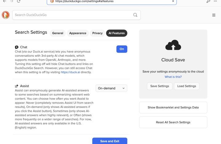 DuckDuckGo AI settings.