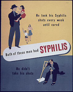 Poster reads 'Both of these men had SYPHILIS' and pictures a healthy one with a family who got his shots, and a man alone with crutch and blindness who didn't