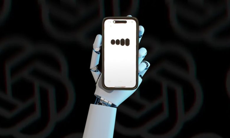 white robotic hand holding a phone with OpenAI's GPT-4o on the screen