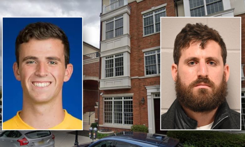 Photos of Joseph Hertgen (left) and Matthew Hertgen (right) over a photo of the apartment complex where Joseph was found dead on Feb. 22