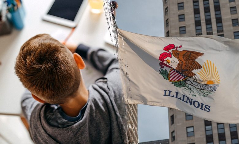 Split image of homeschooler, IL flag