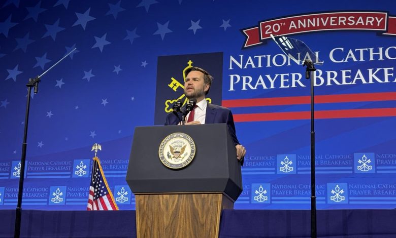 Vice President JD Vance speaks at the National Catholic Prayer Breakfast in Washington, DC, on Feb. 28, 2025.