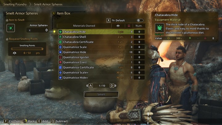 Smelting Armor Spheres in Monster Hunter Wilds.