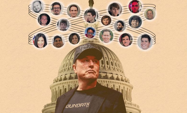 an illustration of Elon Musk, stood in front of a graphic of the U.S. Capitol, with various faces around Musk of those who are in his inner circle, including DOGE members.