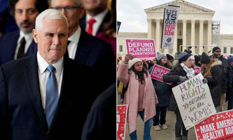 former VP Mike Pence, left; right, protest outside Supreme Court