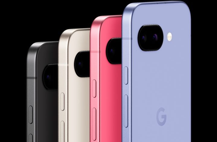 The back of the Google Pixel 9a in different colors.