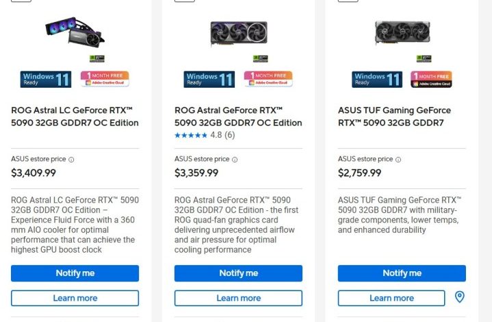 Prices for the RTX 5090 at Asus Store.