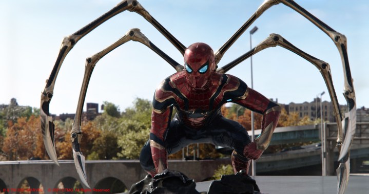 Spider-Man's "Iron Spider" suit in a scene from Spider-Man: No Way Home.