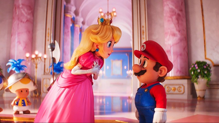 Princess Peach talking to Super Mario in The Super Mario Bros. Movie.