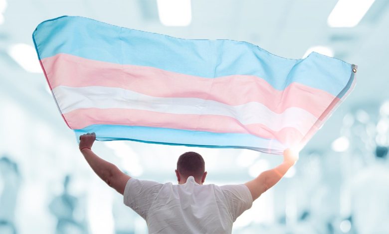 Person holding transgender flag