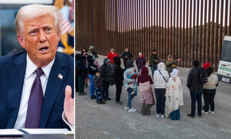 President Trump, left; migrants at border