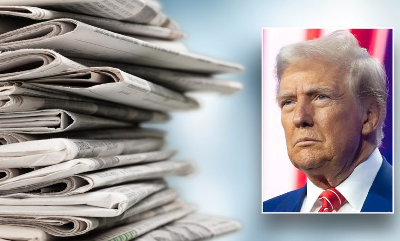 Donald Trump is pictured in front of newspapers.