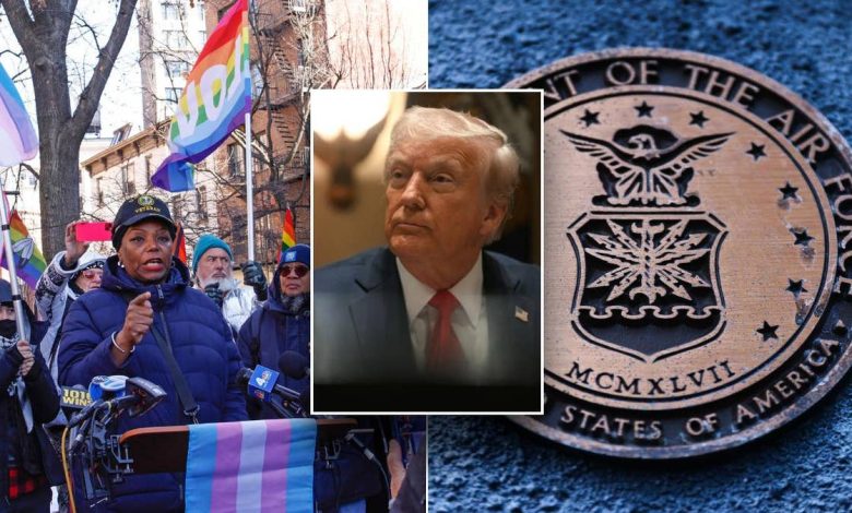 inset: President Trump; left photo: protest; right photo: space force logo