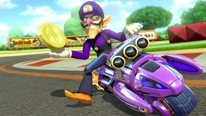 Waluigi rides a cart in Mario Kart 8.